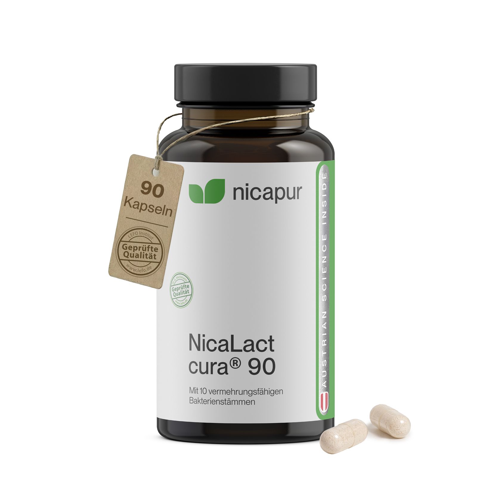 Nicapur NicaLact cura® 90 Kapseln in Braunglasflasche mit Etikett und Anhänger.