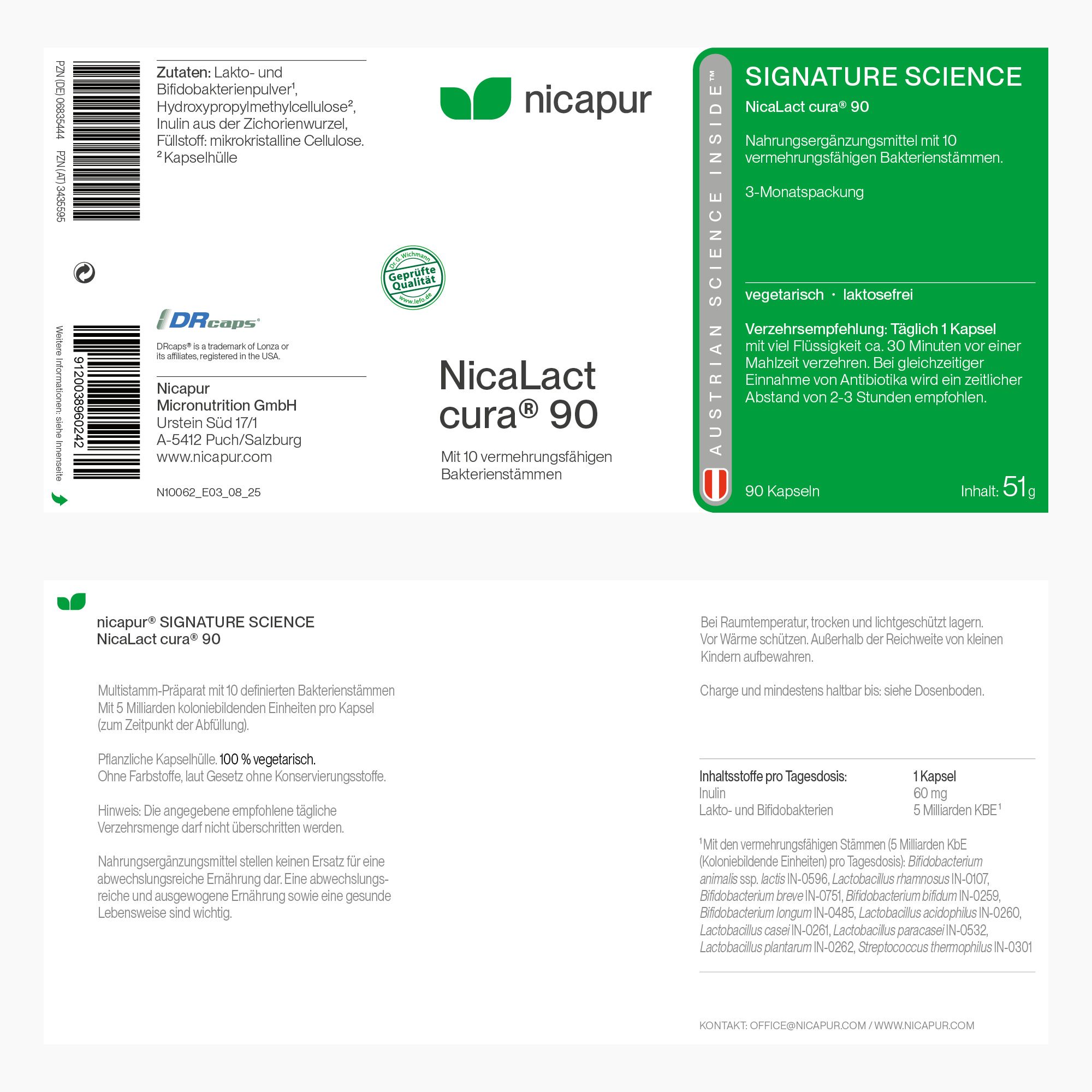 Nicapur NicaLact cura 90 Kapseln mit 10 Milliarden Bakterienkulturen.