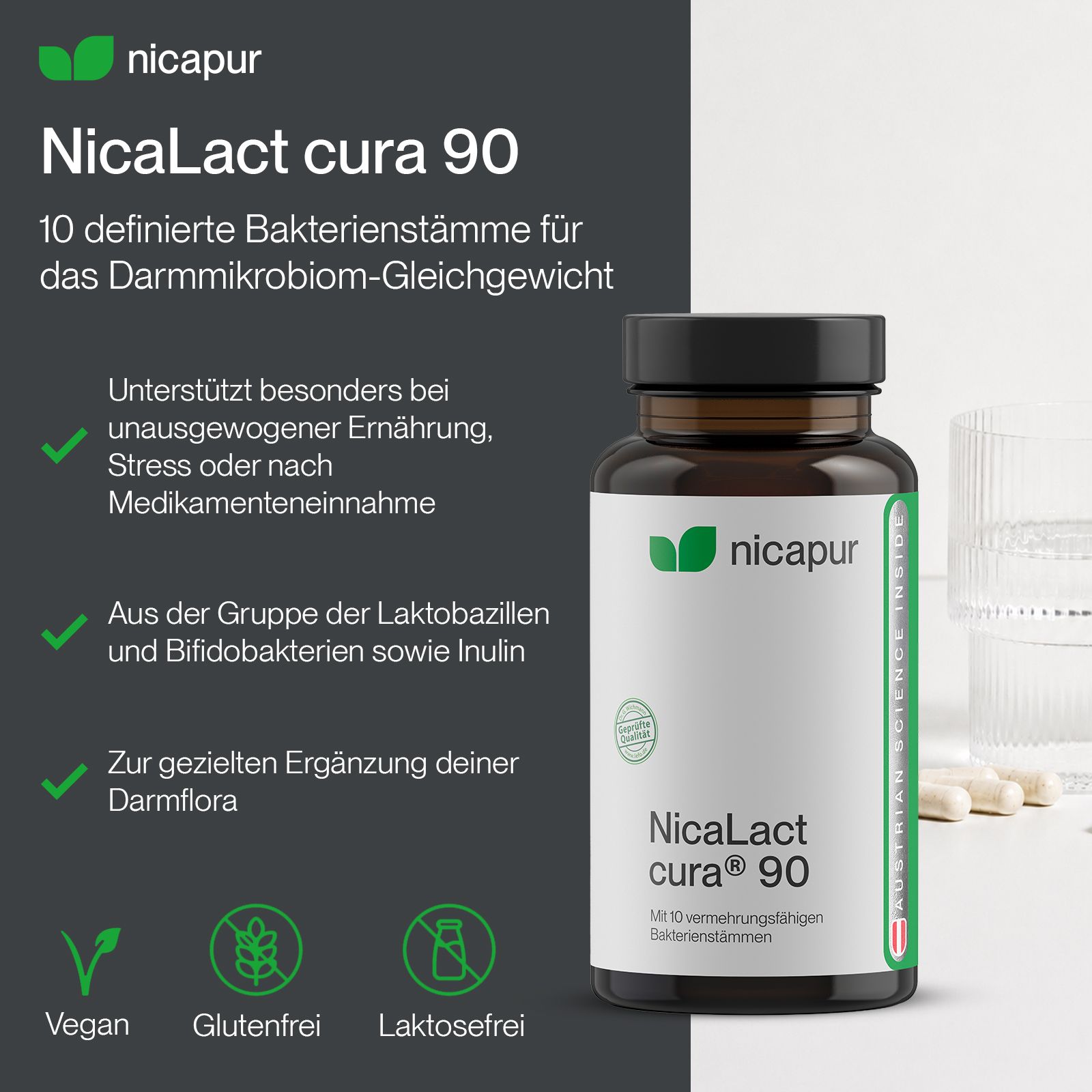 Flasche NicaLact cura 90 mit Kapseln. Enthält 10 Bakterienstämme für das Darmmikrobiom. Vegan, glutenfrei, laktosefrei.