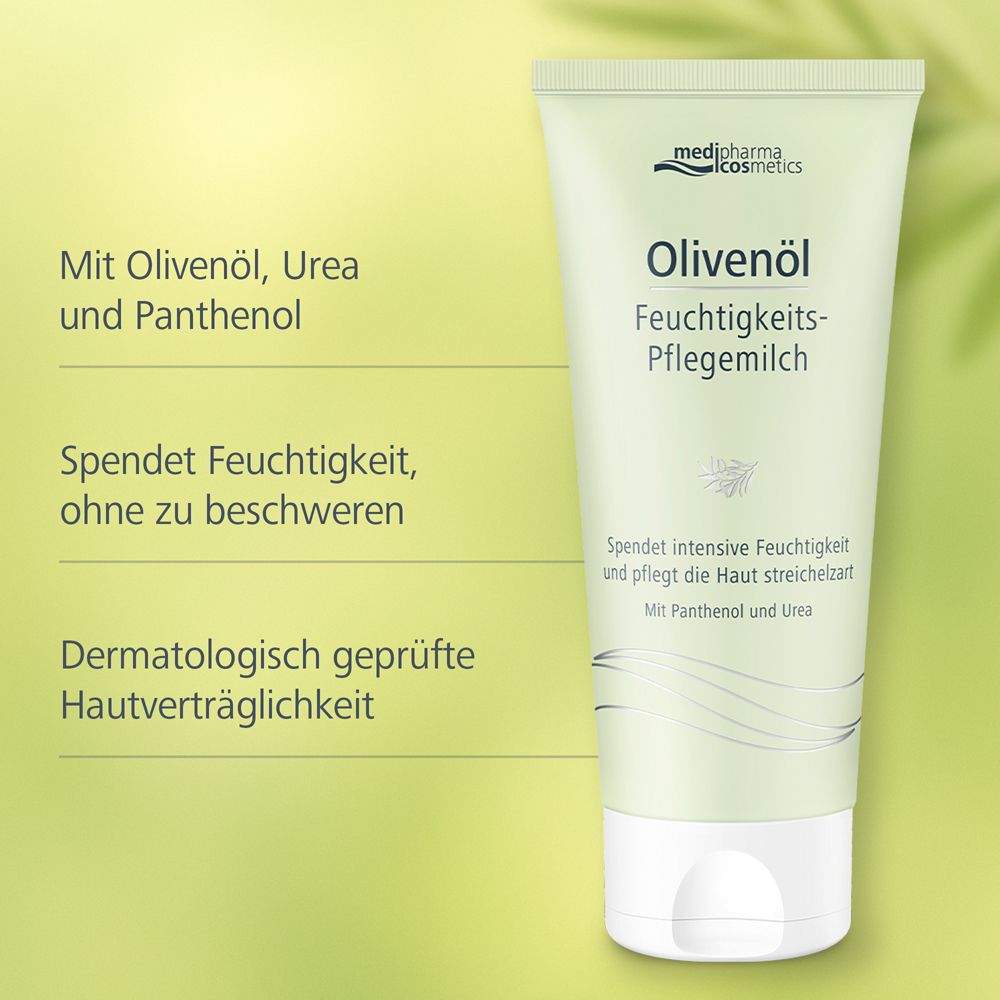 Tube vert avec bouchon blanc. Inscription : Olivenöl Feuchtigkeits-Pflegemilch. Marque : medipharma cosmetics. Texte : Hydrate.