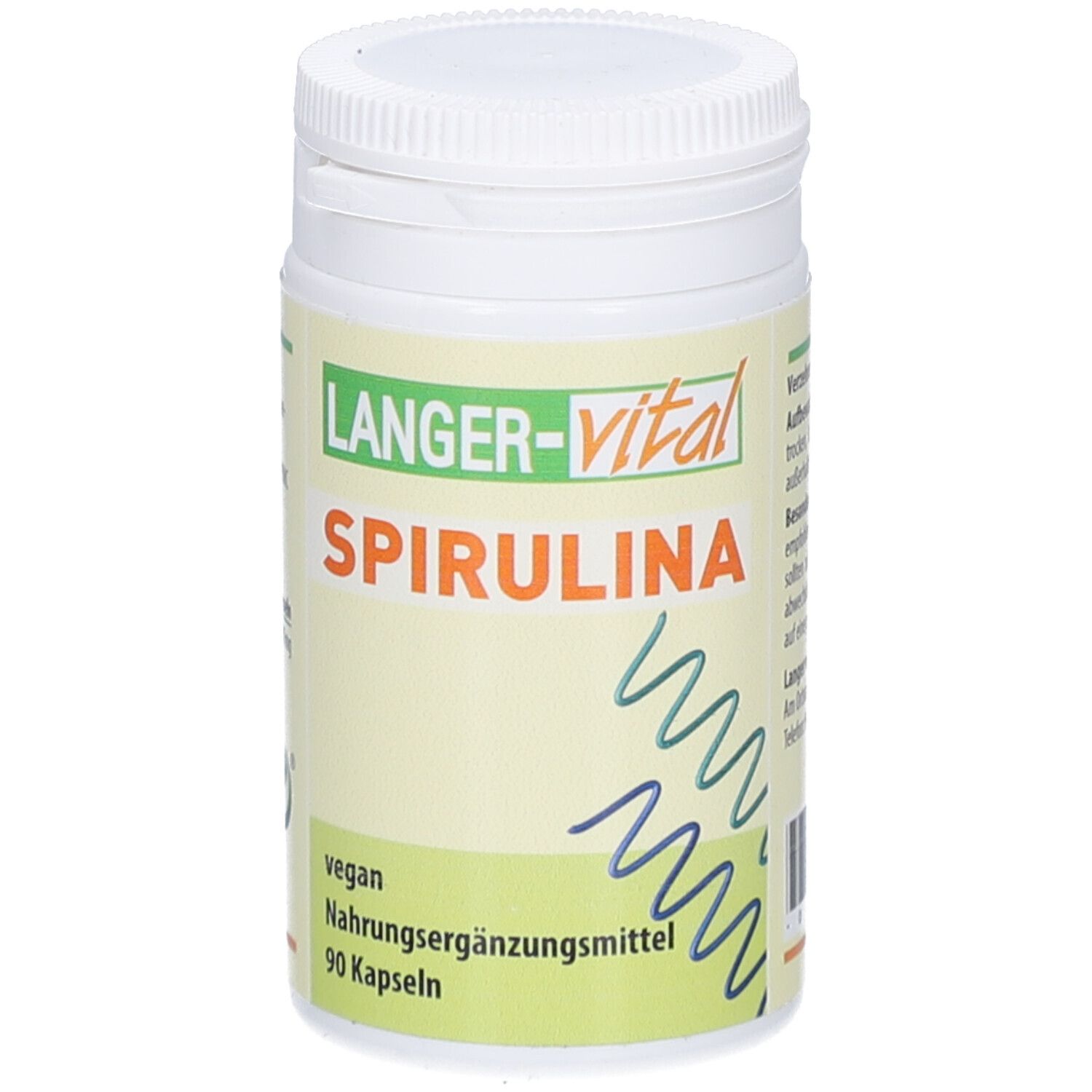 Weiße Dose mit Schraubverschluss. Aufschrift: Langer-vital Spirulina. Vegan, Nahrungsergänzungsmittel, 90 Kapseln.
