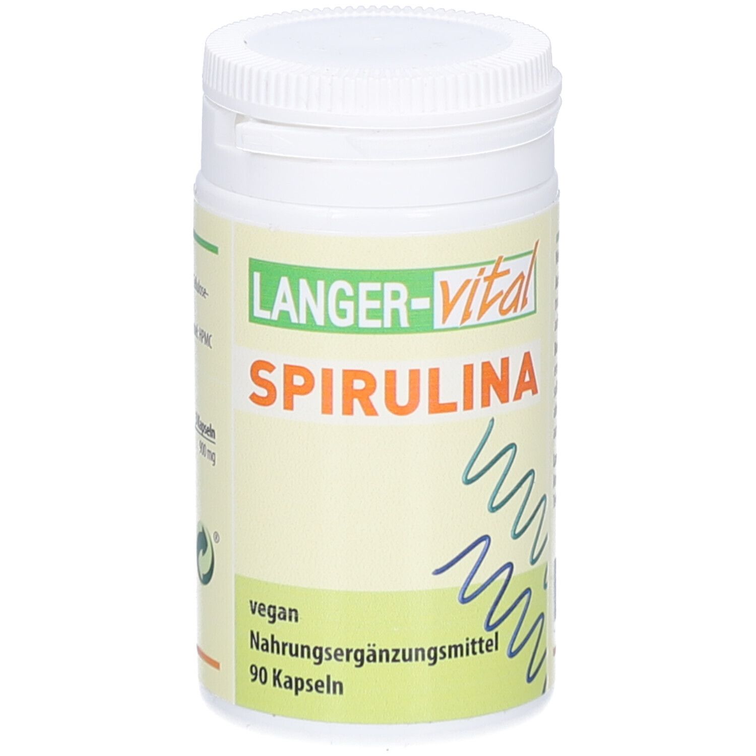 Weiße Dose mit Schraubverschluss. Aufschrift: Langer-vital Spirulina. Vegan, Nahrungsergänzungsmittel, 90 Kapseln.