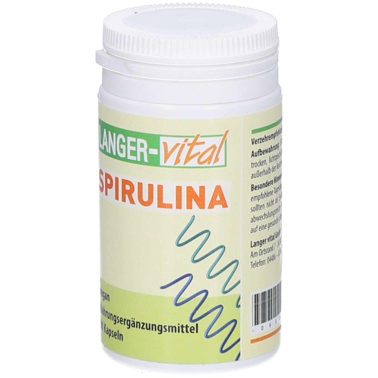 Weiße Dose mit Schraubverschluss. Aufschrift: Langer-vital Spirulina. Vegan, Nahrungsergänzungsmittel, 90 Kapseln.