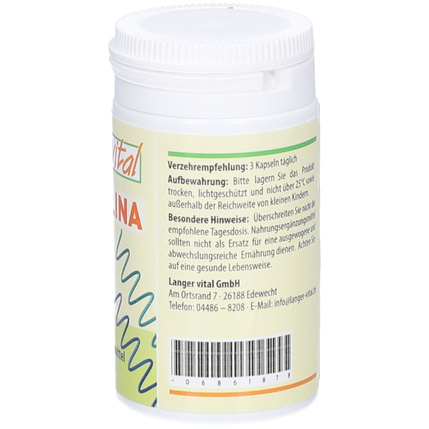Weiße Dose mit Schraubverschluss. Rückseite mit Text. Verzehrempfehlung, Aufbewahrungshinweise. Langer vital GmbH.