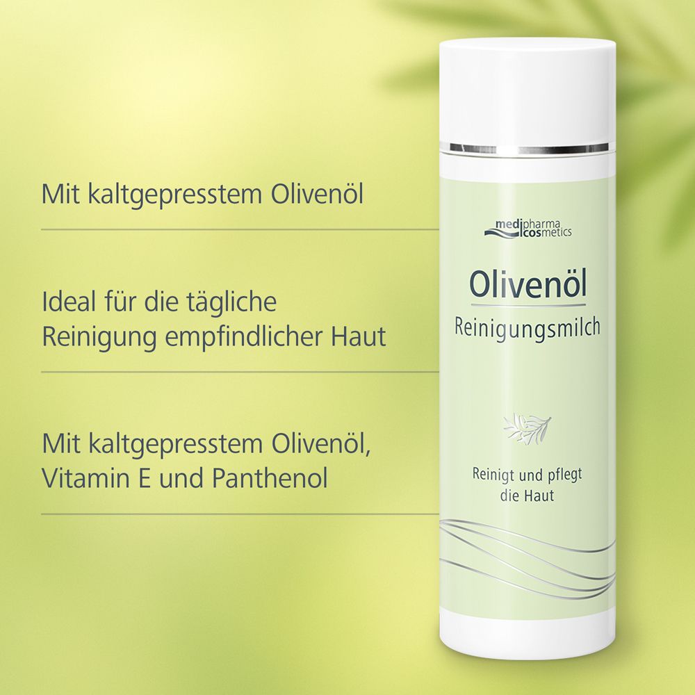 Flacon de lait nettoyant. Texte : Olivenöl Reinigungsmilch. Avec de l'huile d'olive pressée à froid. Idéal pour le nettoyage quotidien.