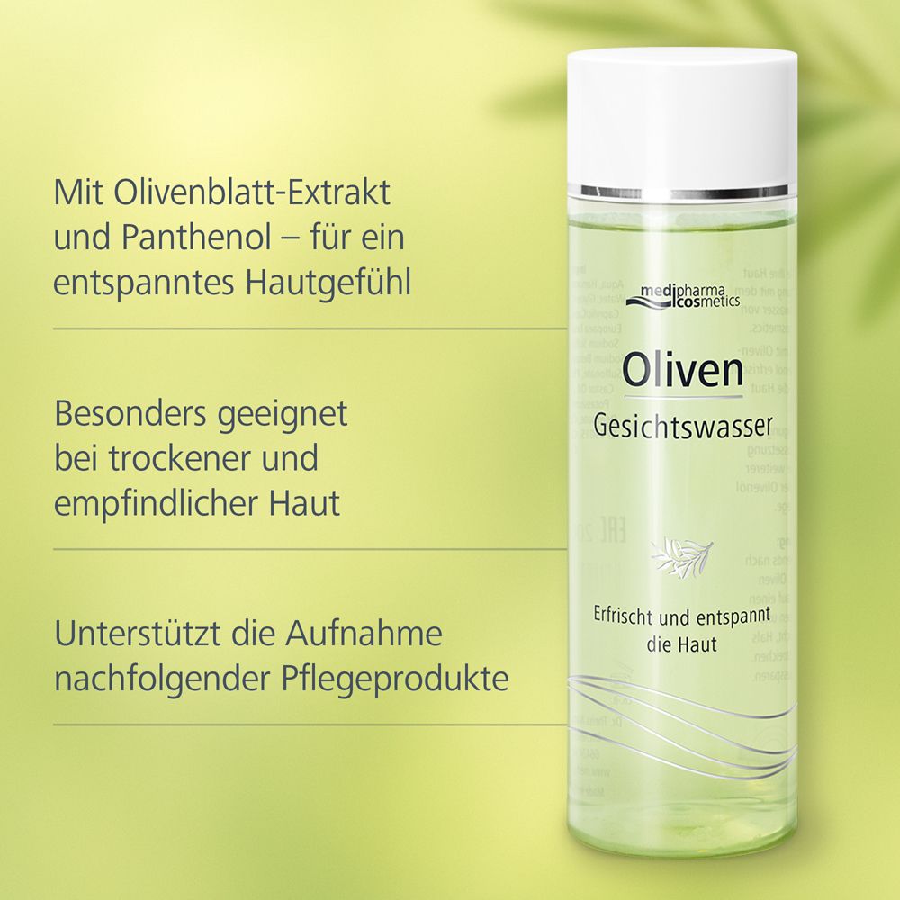 Flasche Oliven Gesichtswasser. Text: Mit Olivenblatt-Extrakt und Panthenol. Geeignet für trockene und empfindliche Haut.