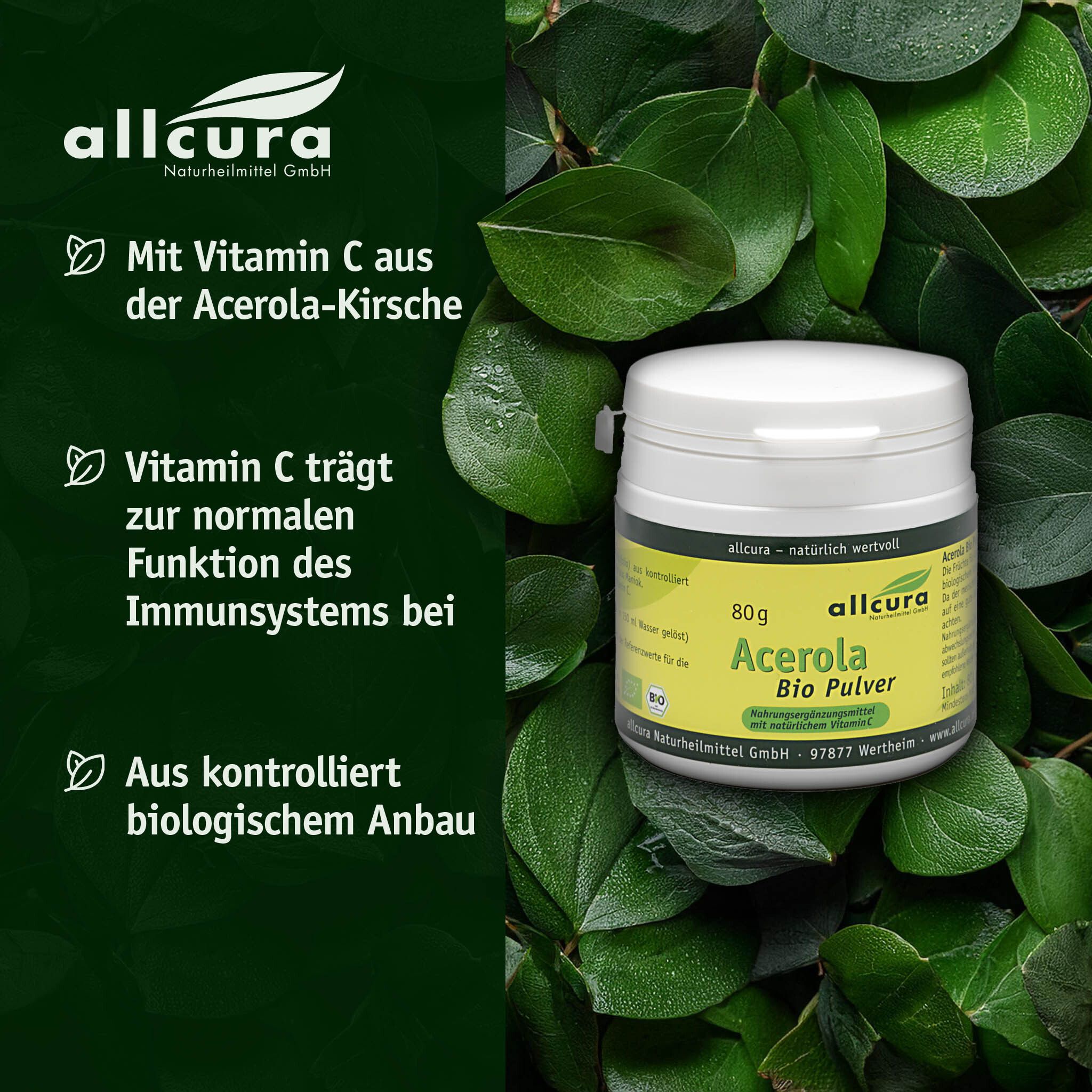Grüner Hintergrund mit Blättern. Text: Vitamin C aus Acerola-Kirsche, trägt zur Immunfunktion bei. Bio-Siegel.
