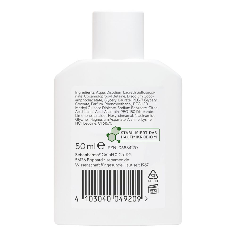 Dos d'un flacon blanc. Ingrédients, 50ml, code-barres et symboles de recyclage. Texte : 'Stabilisiert das Hautmikrobiom'.