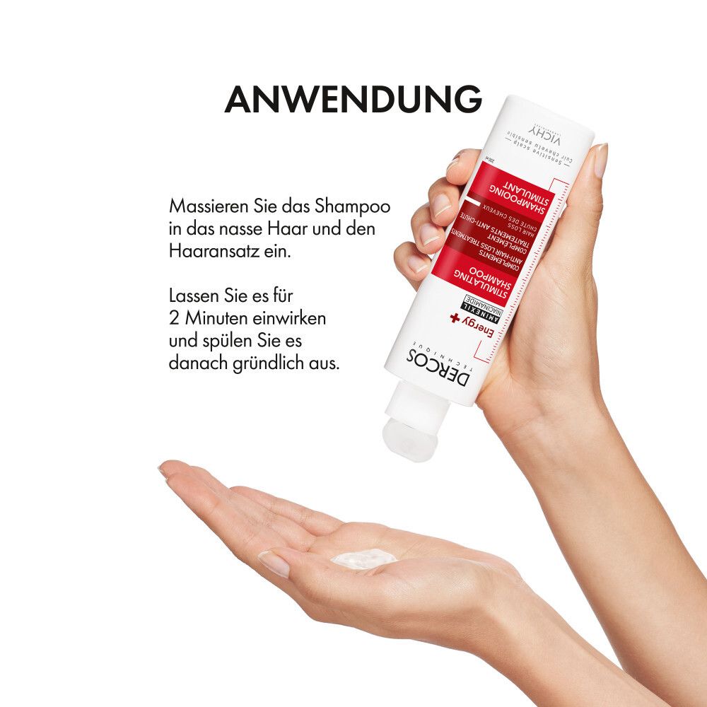 Mains tenant shampooing et mousse. Texte: Application. Masser le shampooing sur cheveux mouillés. Laisser agir 2 minutes.