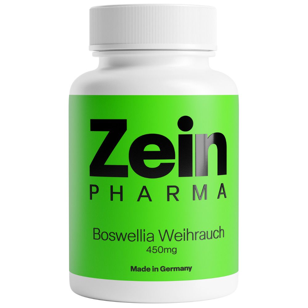 Flacon blanc avec bande verte. Inscription : ZeinPharma, Boswellia Weihrauch 450mg. Fabriqué en Allemagne.