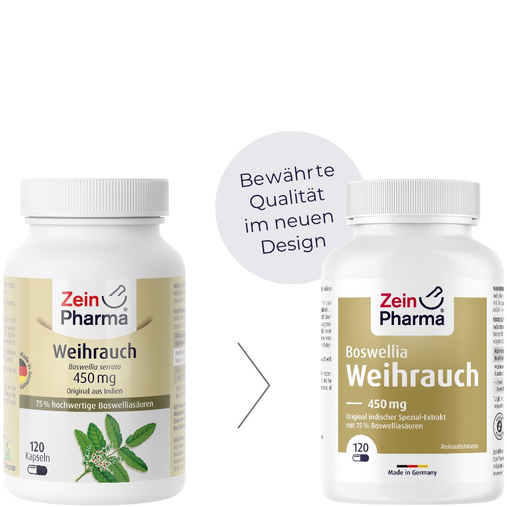 Deux flacons, un avec une bande dorée, un avec une bande verte. Texte : Qualité éprouvée dans un nouveau design.