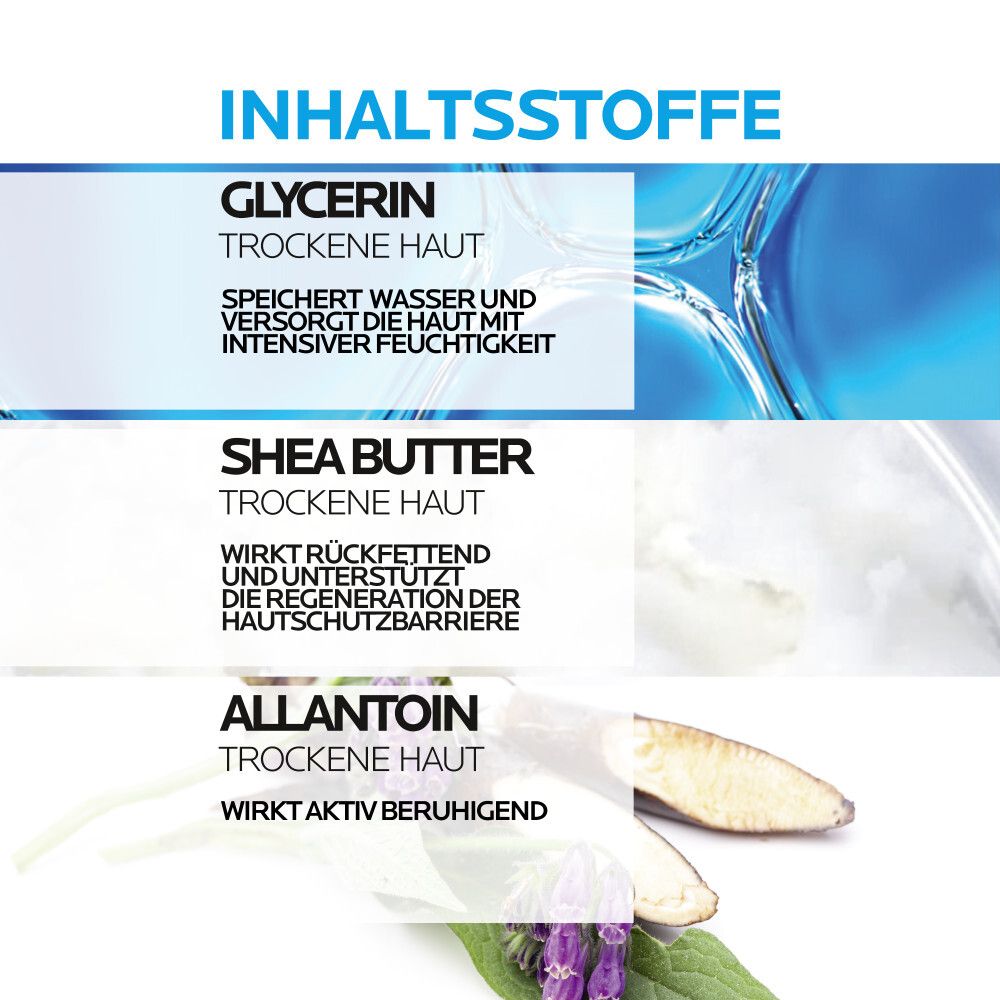 Ingrédients de La Roche-Posay Lipikar Xerand crème mains: Glycérine, Beurre de karité, Allantoïne. Pour peau sèche.