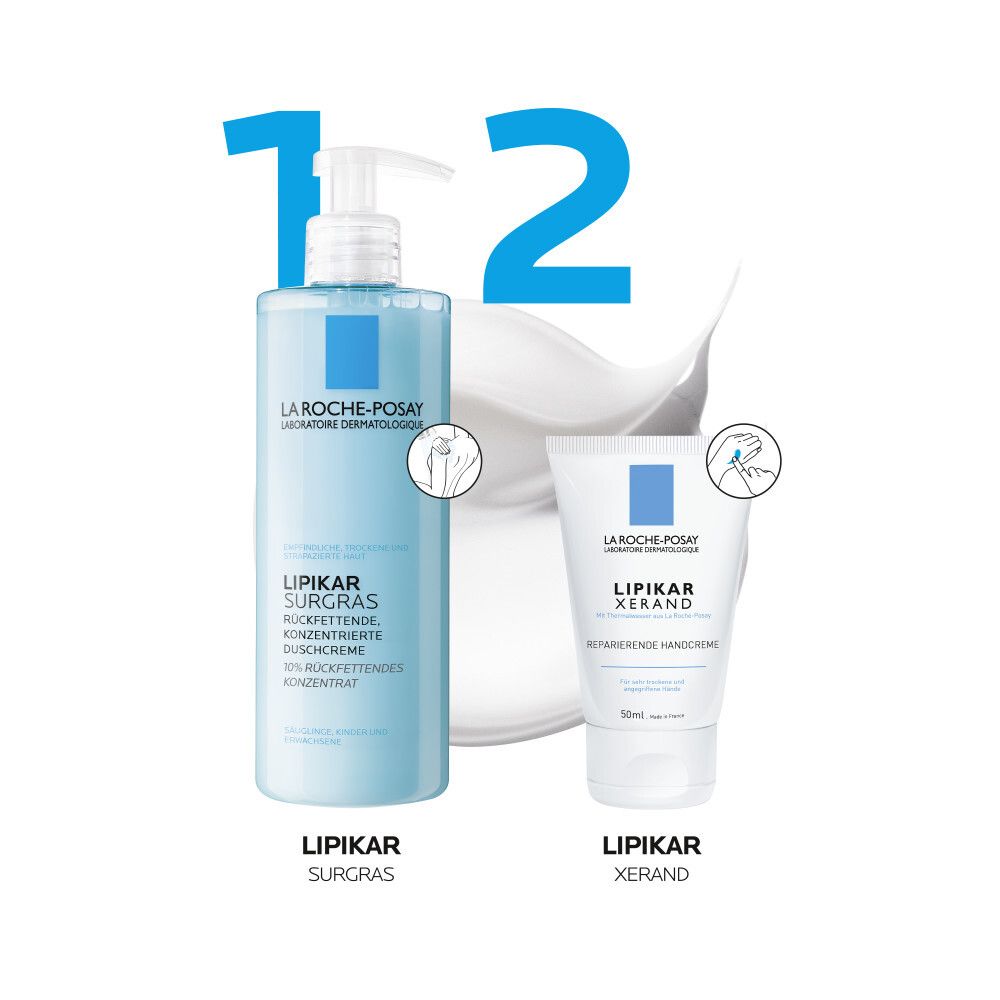 Produits La Roche-Posay: Lipikar Surgras crème de douche et Lipikar Xerand crème mains. Emballages bleu clair.