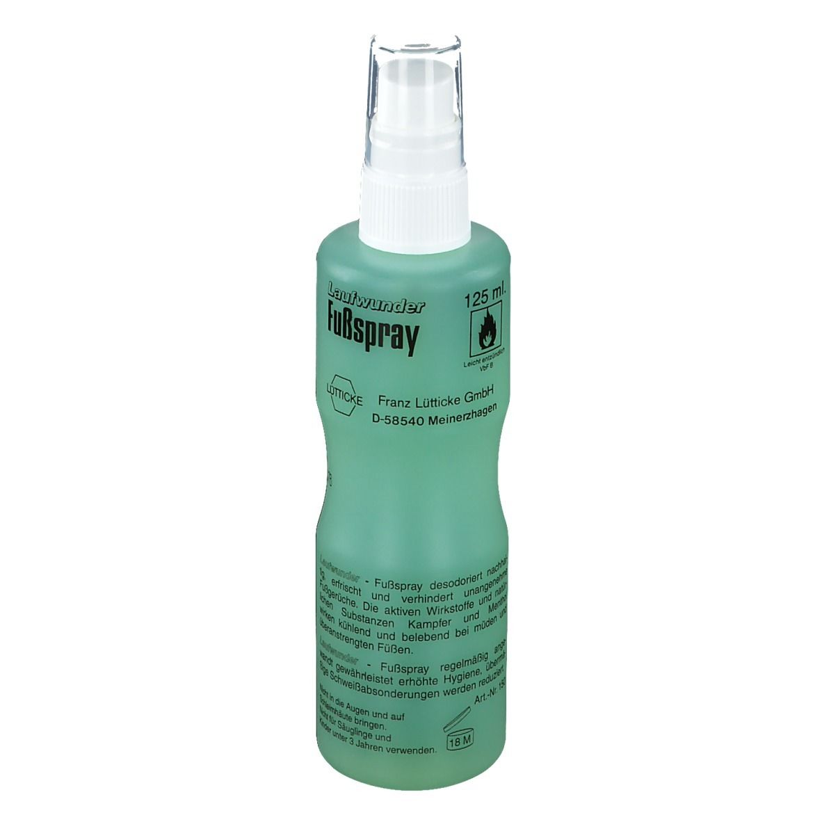 Flacon spray vert avec tête de pulvérisation blanche. Inscription: Fußspray, 125 ml. D'autres informations sont affichées sur le flacon.