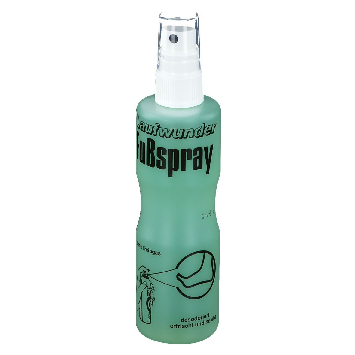 Flacon spray vert avec tête de pulvérisation blanche. Inscription: Fußspray. Une illustration est affichée sur le flacon.