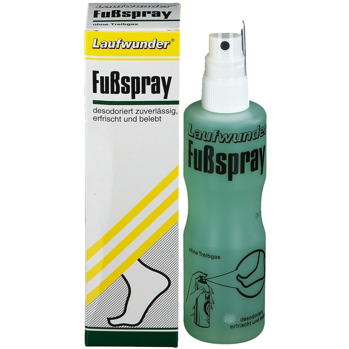 Flacon spray vert avec tête de pulvérisation blanche et carton. Inscription: Fußspray. Carton avec informations produit et illustration de pied.