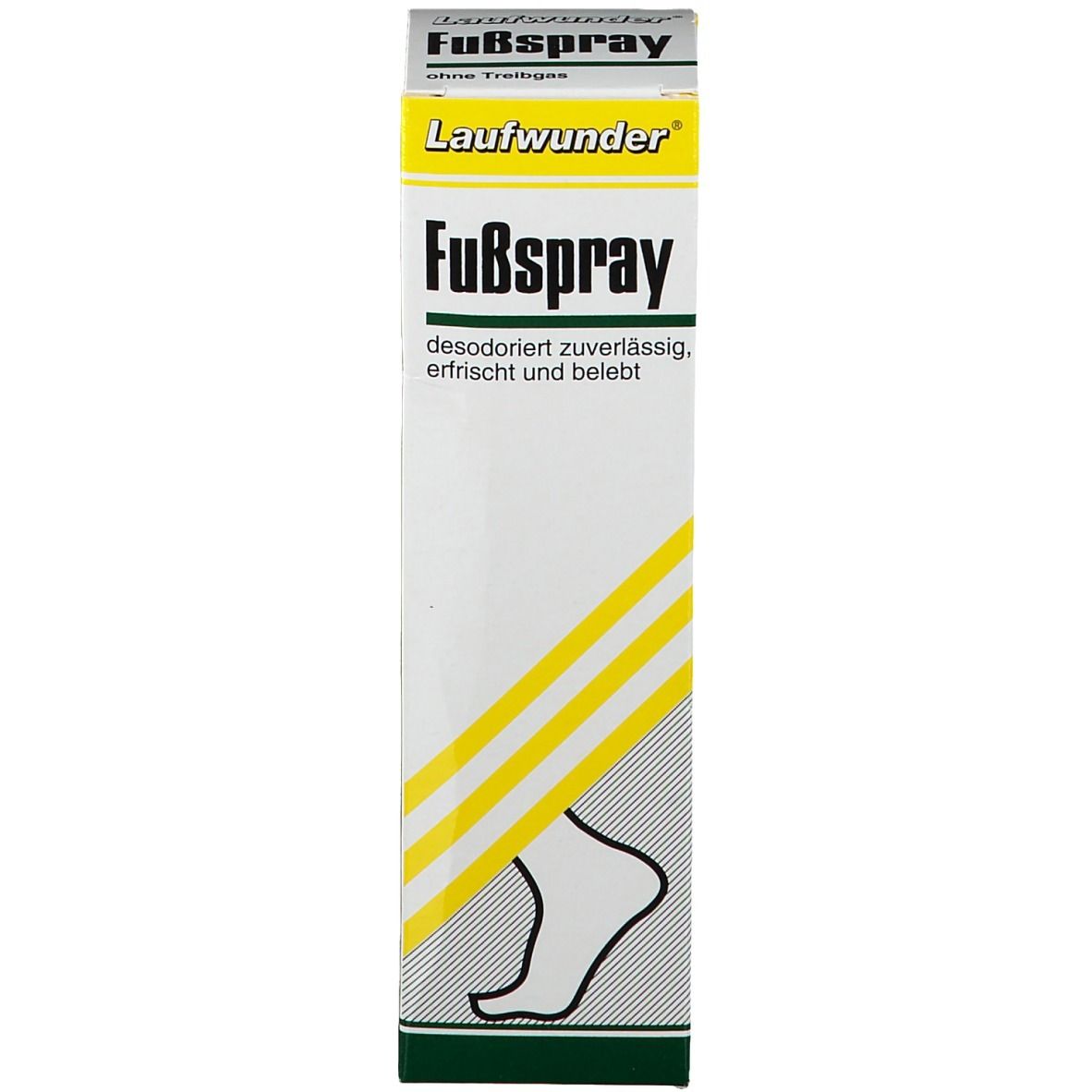 Boîte avec inscription: Fußspray. Bandes jaunes et illustration de pied. Informations sur le produit.