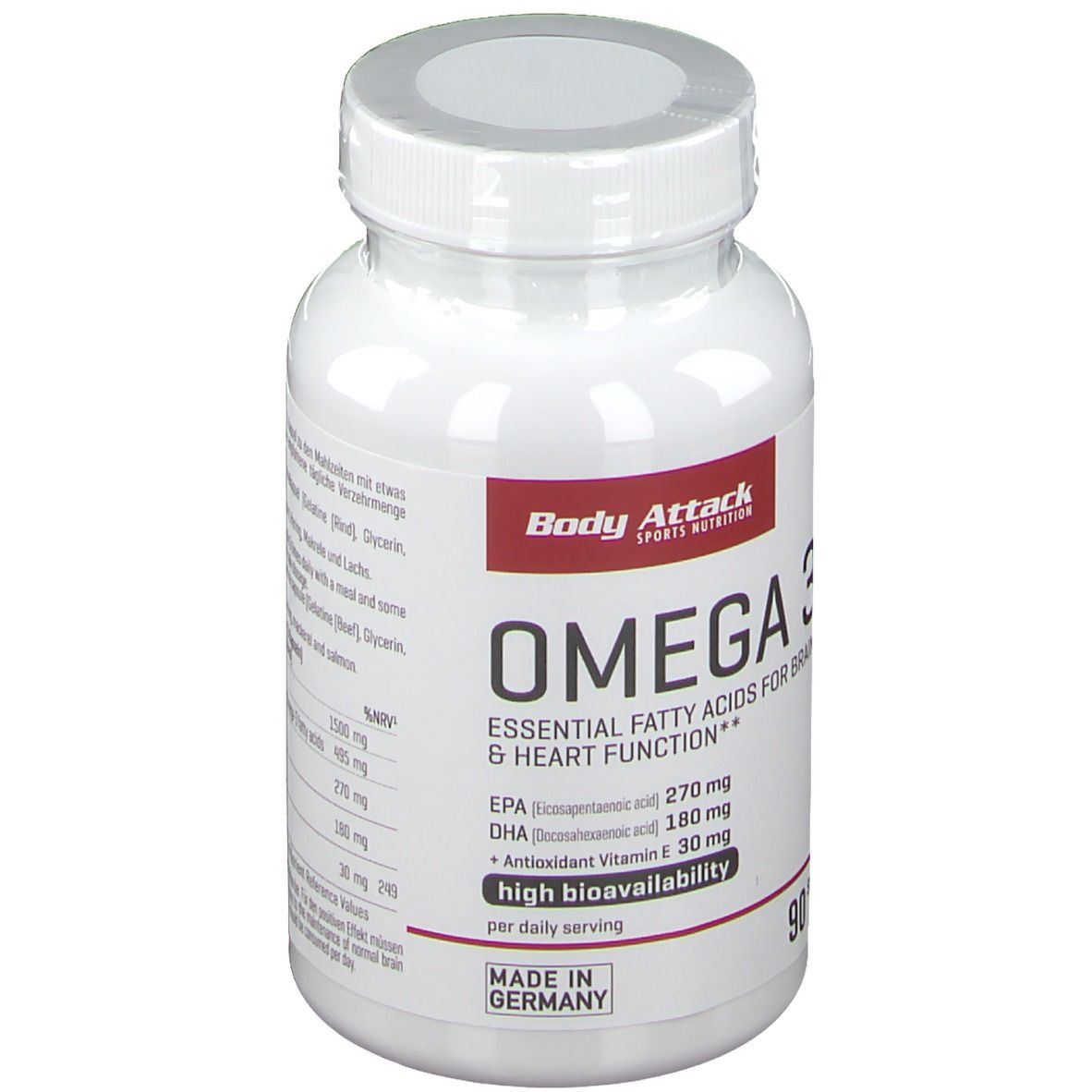 Flacon blanc d'Omega 3. Étiquette rouge avec "Body Attack" et "Omega 3". Contient 90 gélules. Fabriqué en Allemagne.