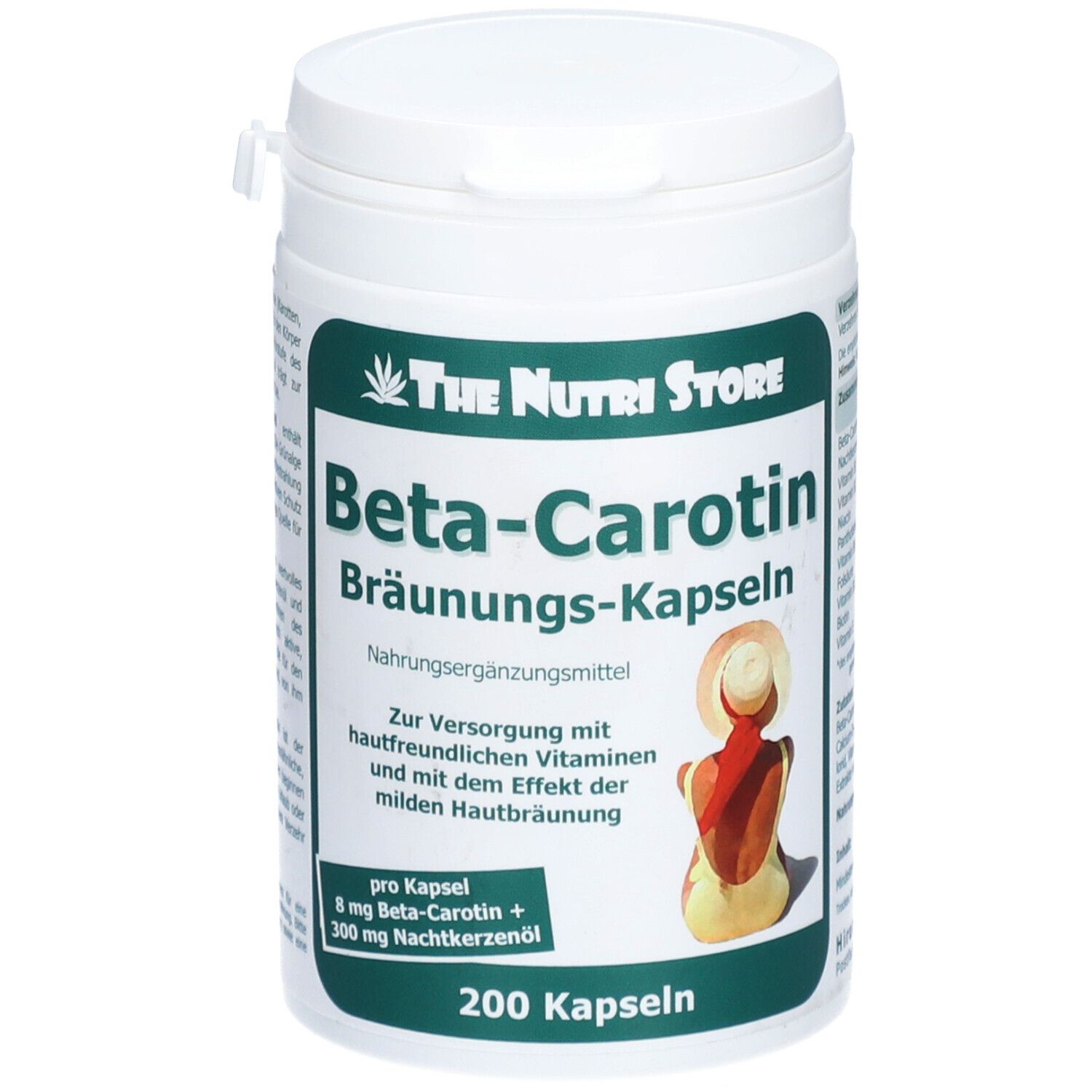 Boîte blanche avec étiquette verte. Inscription: Beta-Carotin Bräunungs-Kapseln, 200 capsules. Logo: The Nutri Store.