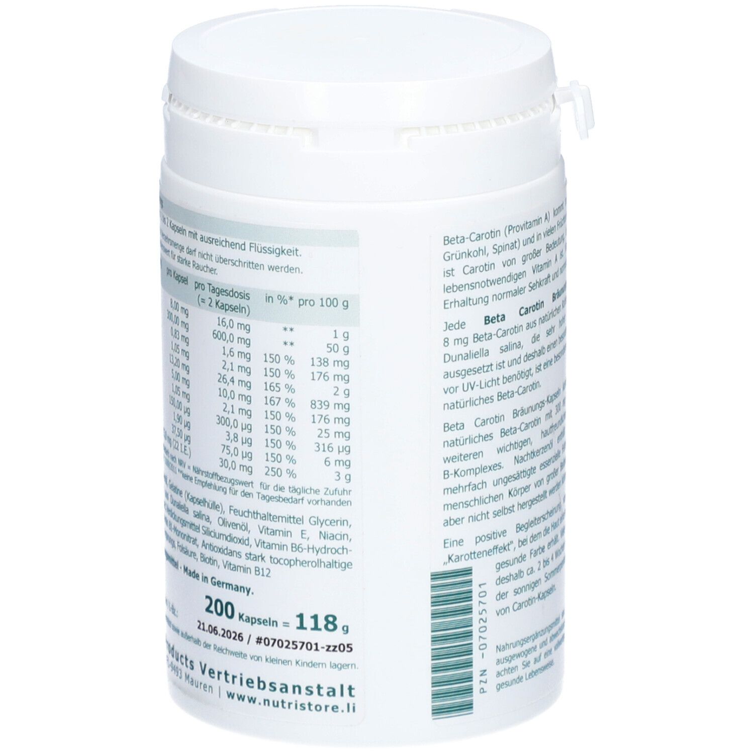 Boîte blanche avec étiquette verte. Dos avec tableau nutritionnel et texte en allemand.