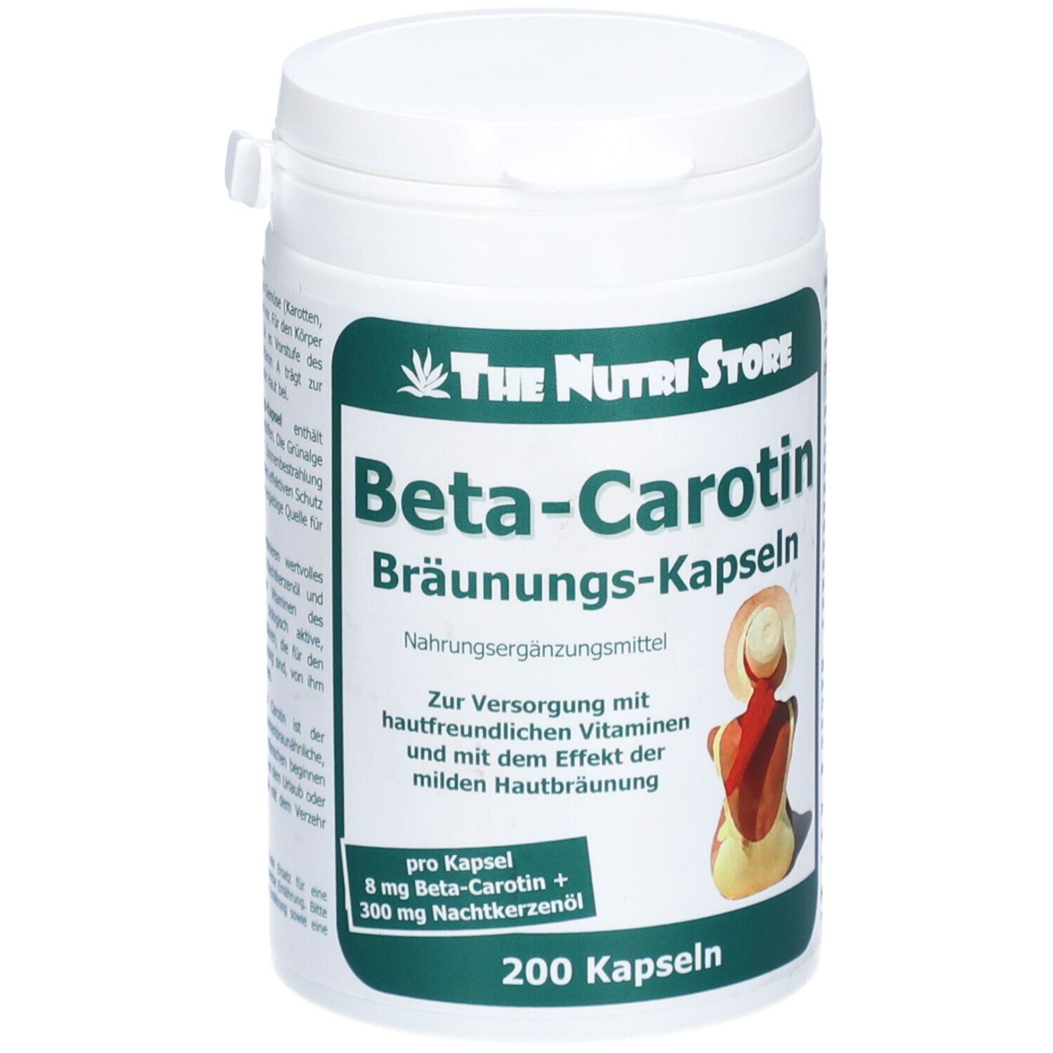 Boîte blanche avec étiquette verte. Inscription: Beta-Carotin Bräunungs-Kapseln, 200 capsules. Logo: The Nutri Store.