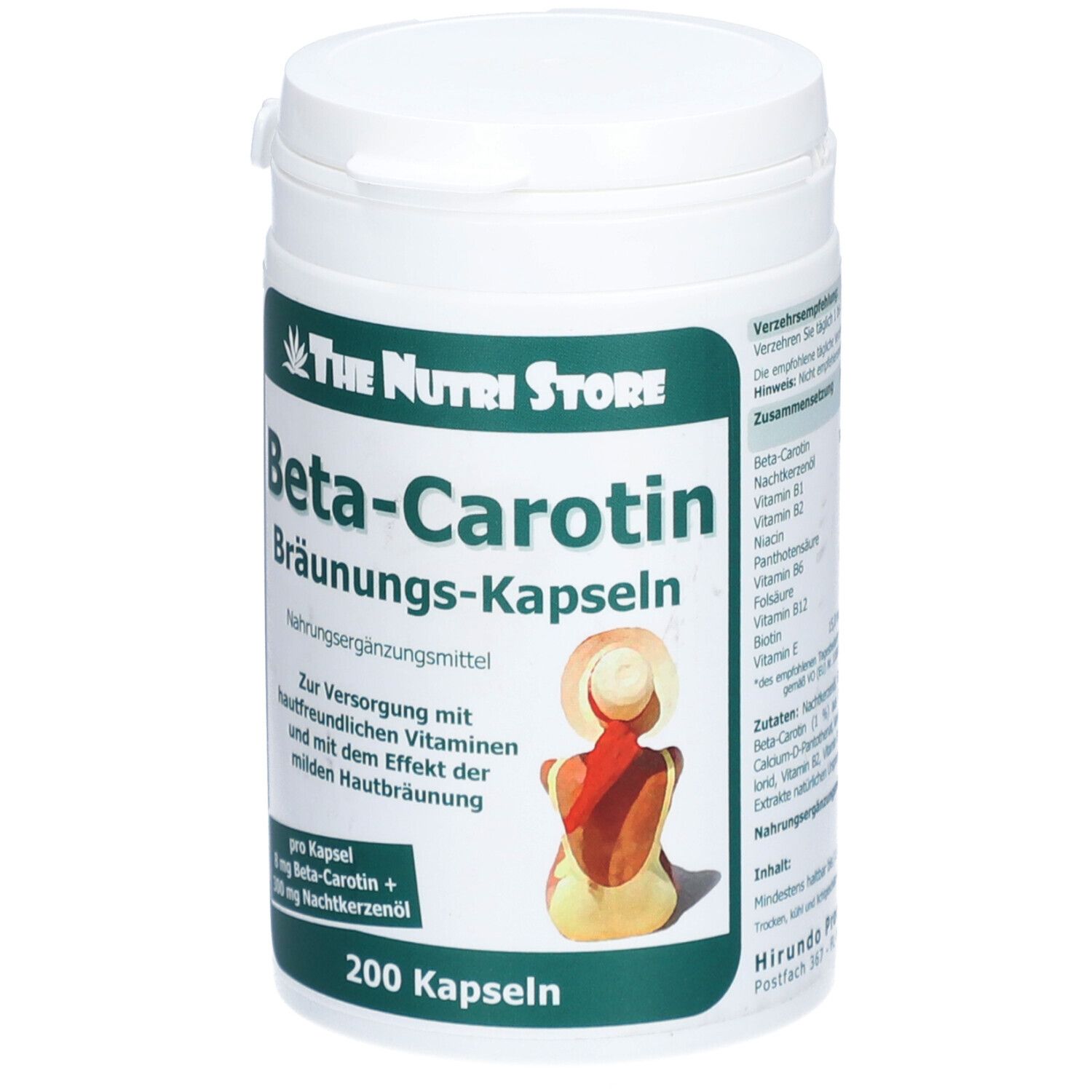 Boîte blanche avec étiquette verte. Inscription: Beta-Carotin Bräunungs-Kapseln, 200 capsules. Logo: The Nutri Store.
