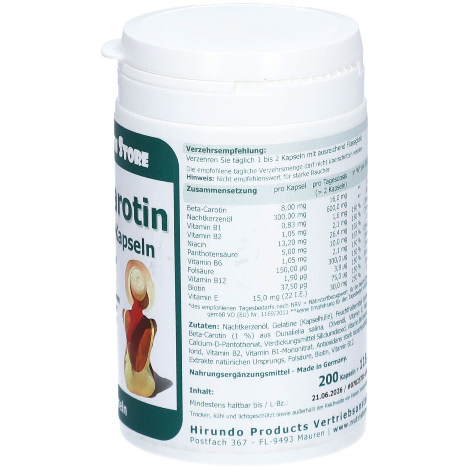 Boîte blanche avec étiquette verte. Dos avec tableau nutritionnel et texte en allemand.