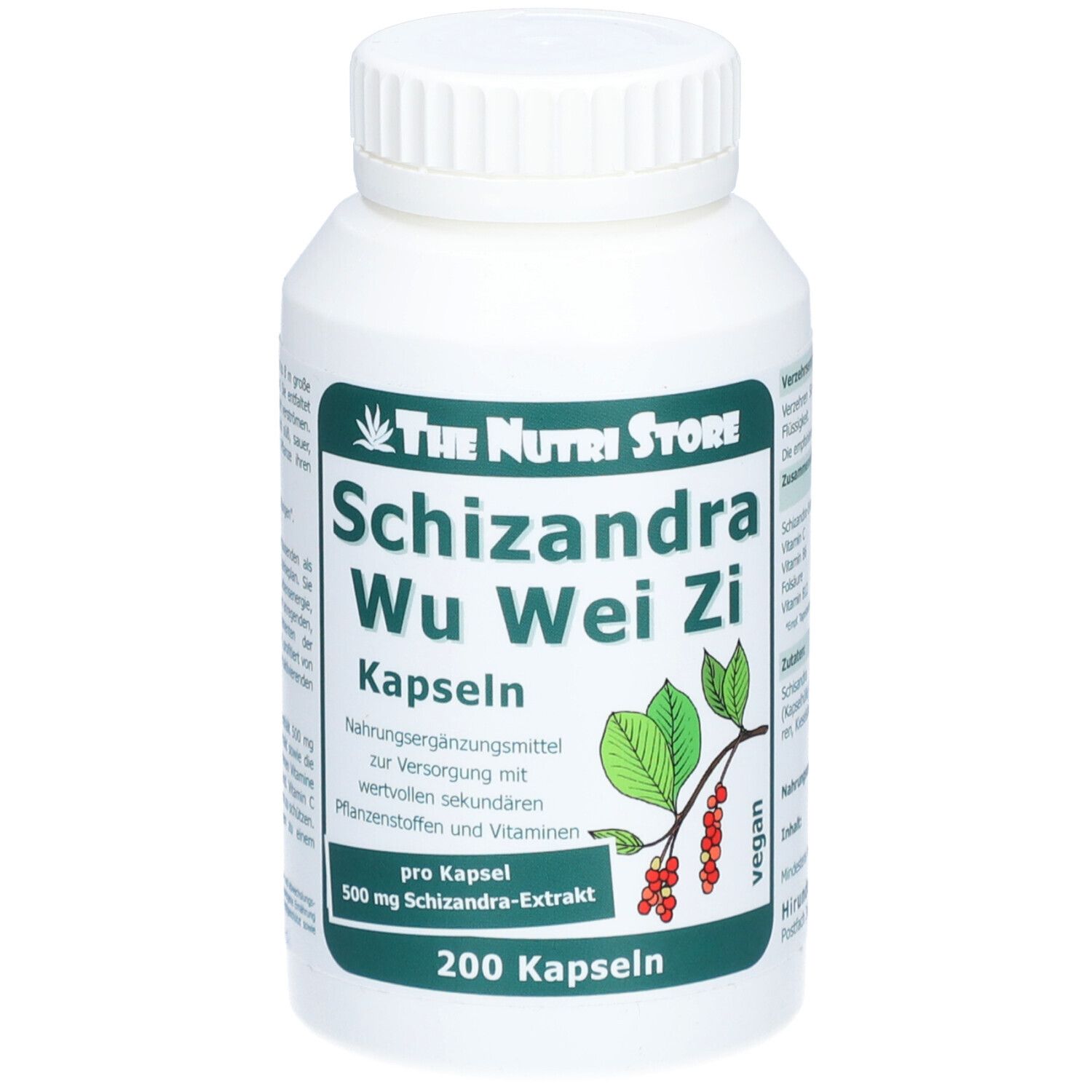 Weiße Flasche mit Schraubverschluss. Etikett mit Produktnamen, Logo und Inhaltsangaben. 200 Kapseln.