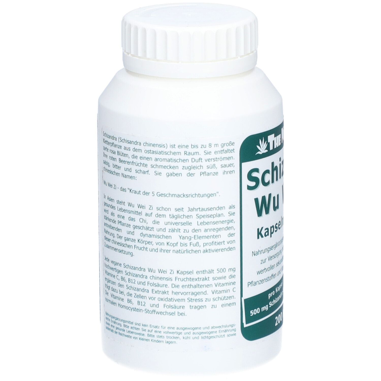 Weiße Flasche mit Schraubverschluss. Rückseite mit Textinformationen. Vegan-Siegel. Produktname und Logo.