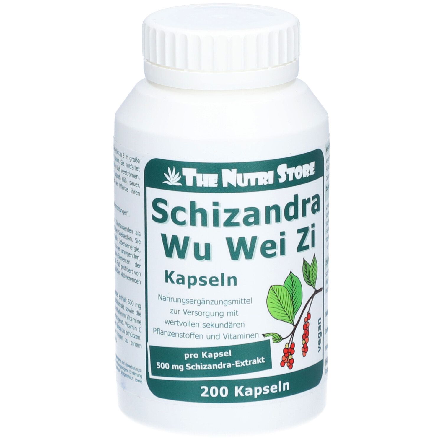Weiße Flasche mit Schraubverschluss. Etikett mit Produktnamen, Logo und Inhaltsangaben. 200 Kapseln.
