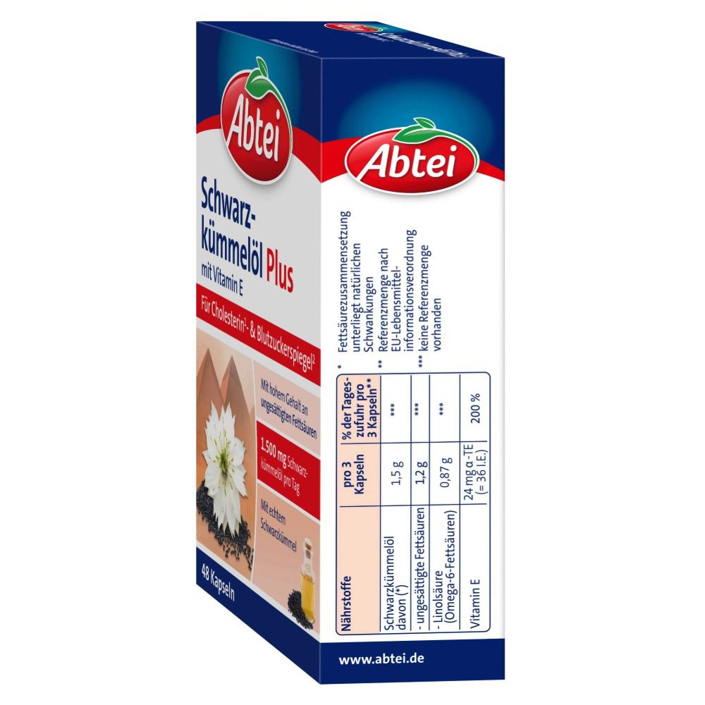 Abtei Schwarzkümmelöl Plus, vue latérale de l'emballage. Informations nutritionnelles. Contient de la vitamine E. 48 gélules.