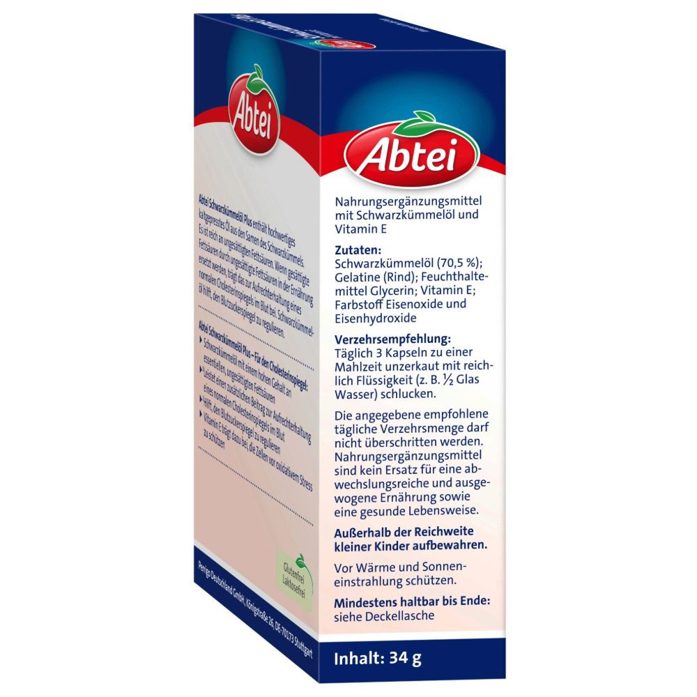 Abtei Schwarzkümmelöl Plus, vue latérale de l'emballage. Liste des ingrédients et recommandations. Contenu : 34 g.