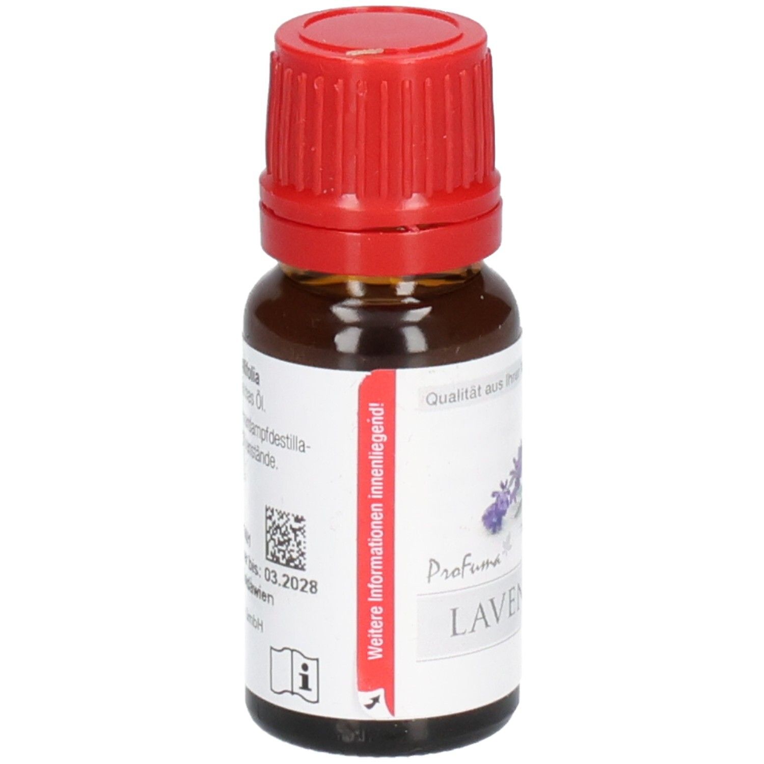 Rückseite einer Flasche Lavendelöl mit Barcode und weiteren Produktinformationen auf dem Etikett.