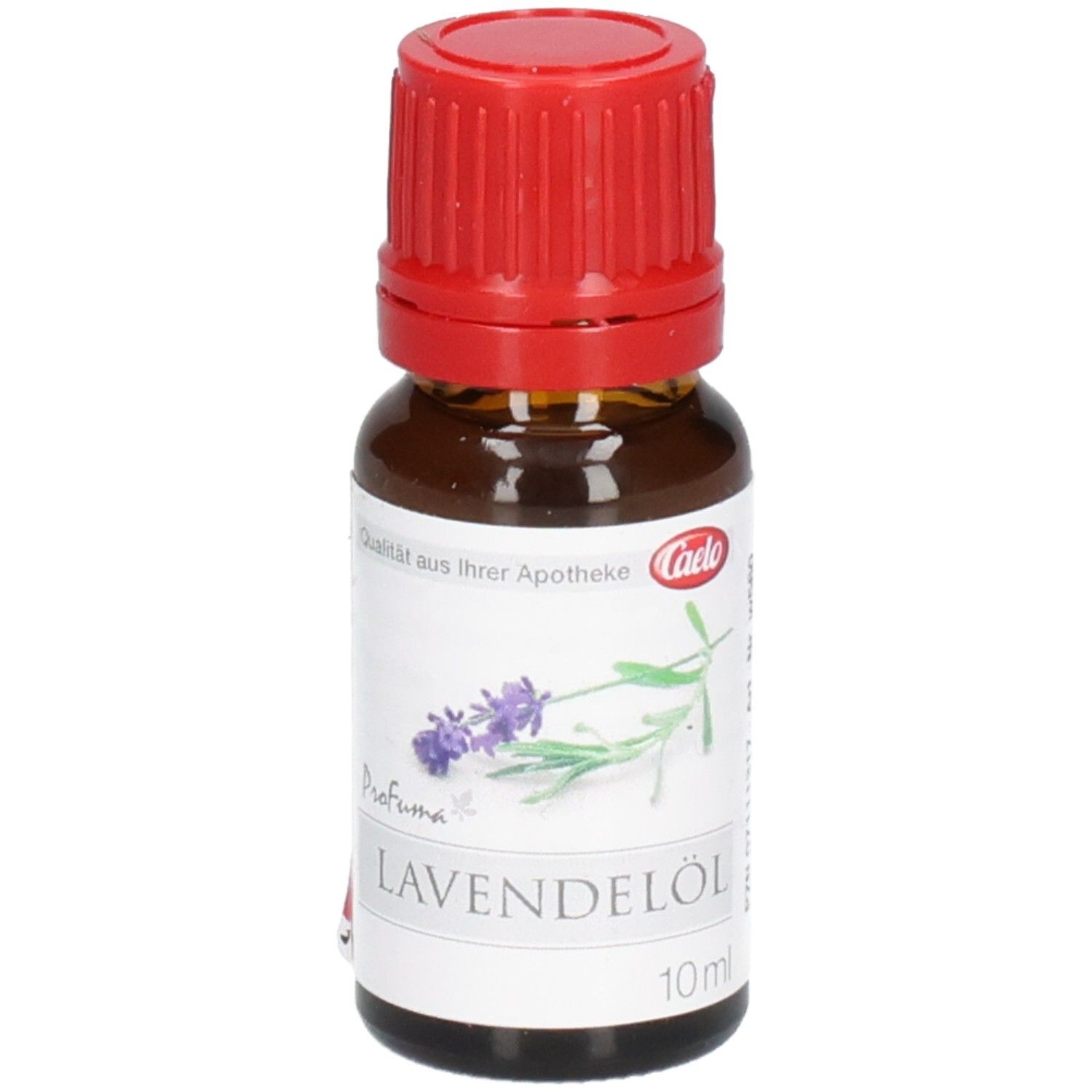 Flasche Lavendelöl mit rotem Schraubverschluss und Etikett mit Lavendelblüten und "Profuma" Schriftzug.