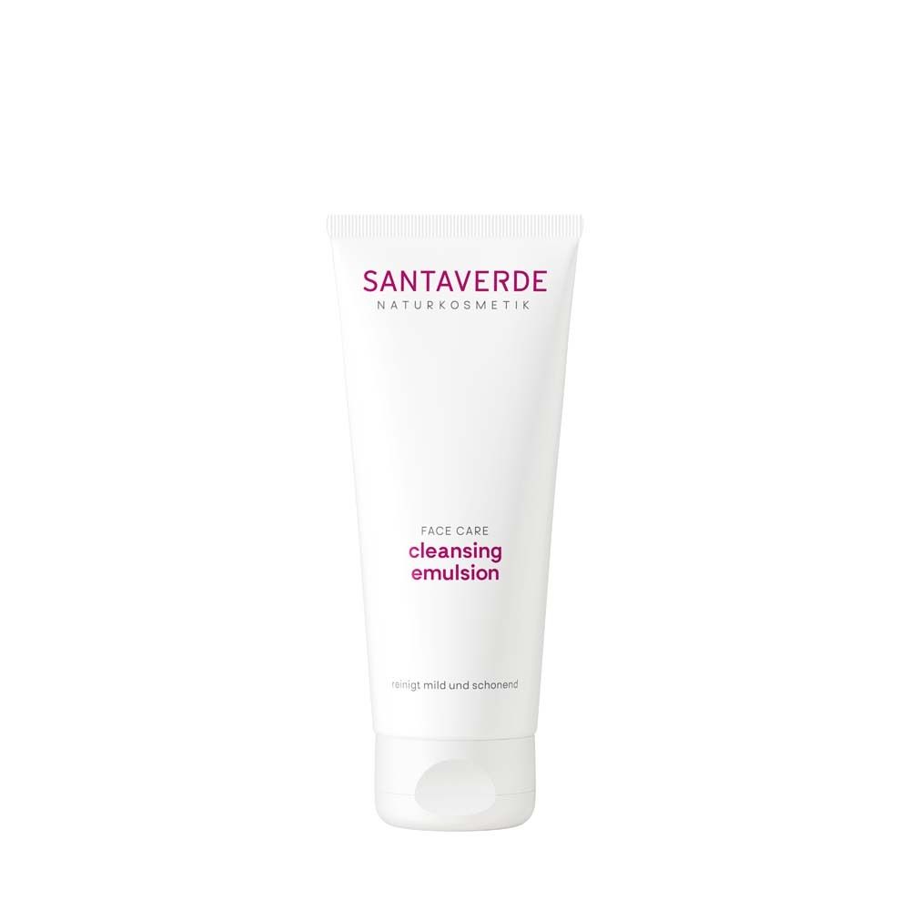 Tube blanche avec logo SANTAVERDE et nom du produit. Texte : Face Care cleansing emulsion.