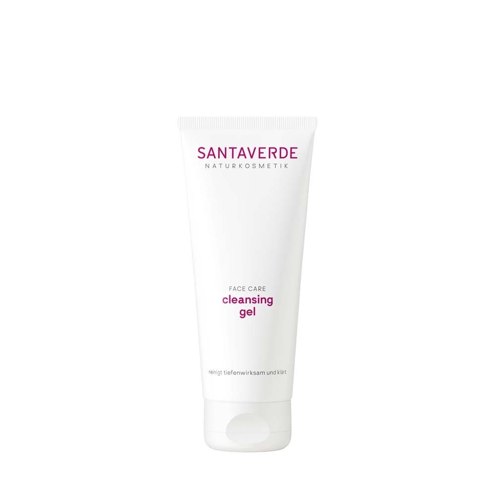 Weiße Tube mit SANTAVERDE-Logo und Schriftzug. Produktname: cleansing gel. Rosa Schrift.