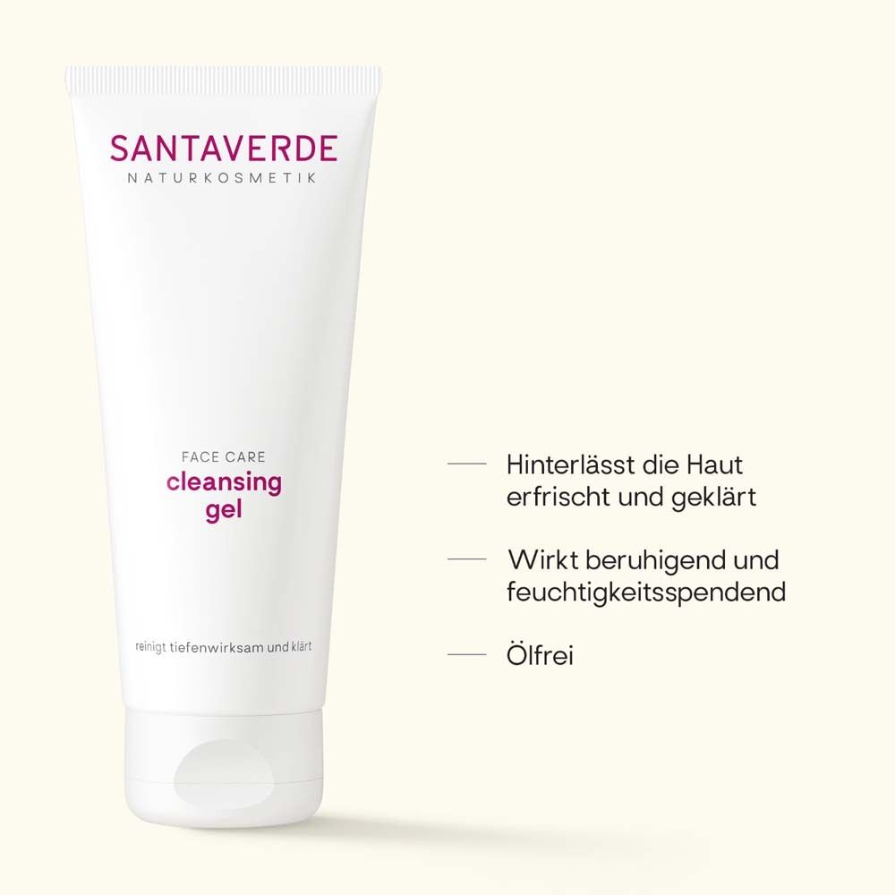 Weiße Tube mit Text: Face Care cleansing gel. Textzeile: Hinterlässt die Haut erfrischt und geklärt.