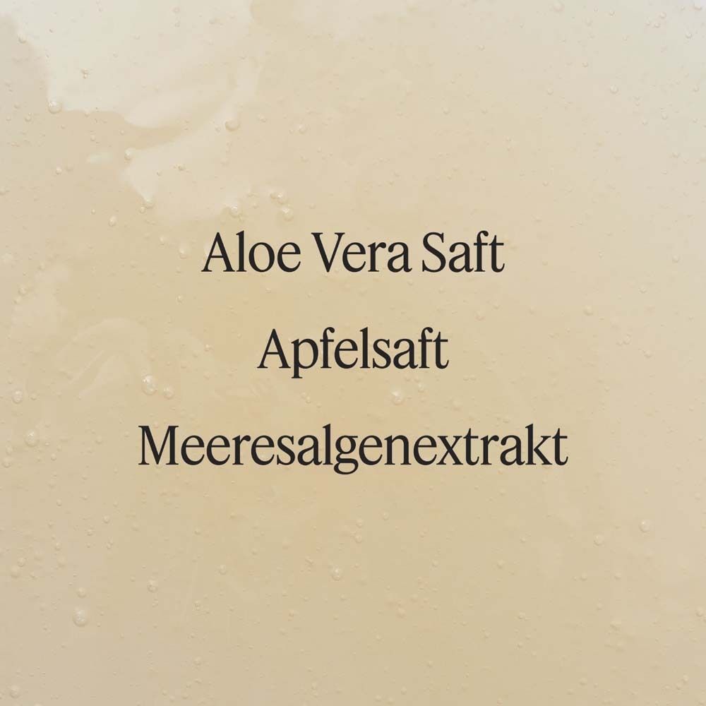 Text: Aloe Vera Saft, Apfelsaft, Meeresalgenextrakt.