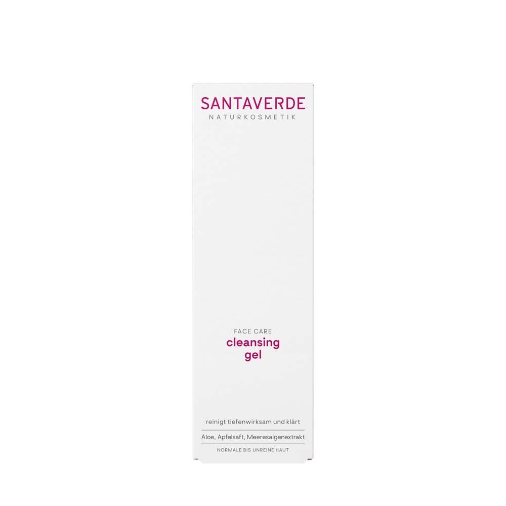 Weiße Verpackung mit SANTAVERDE-Logo und Produktnamen: cleansing gel.