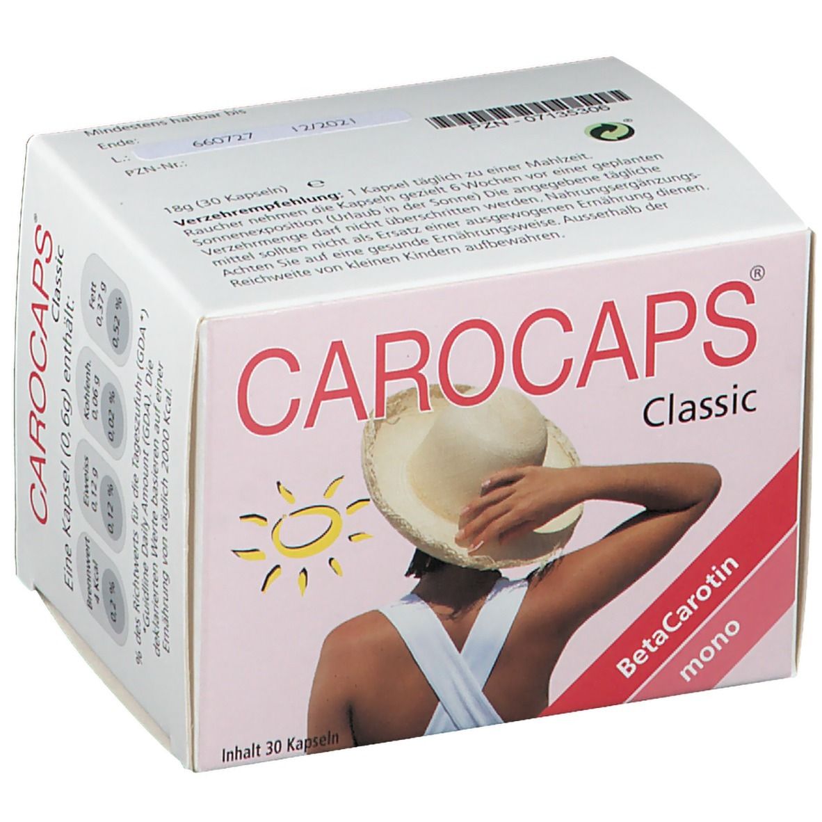 CAROCAPS Classic-Packung. Weißer Karton mit roter Wellenlinie und gelber Sonne. Produktname und BetaCarotin mono.