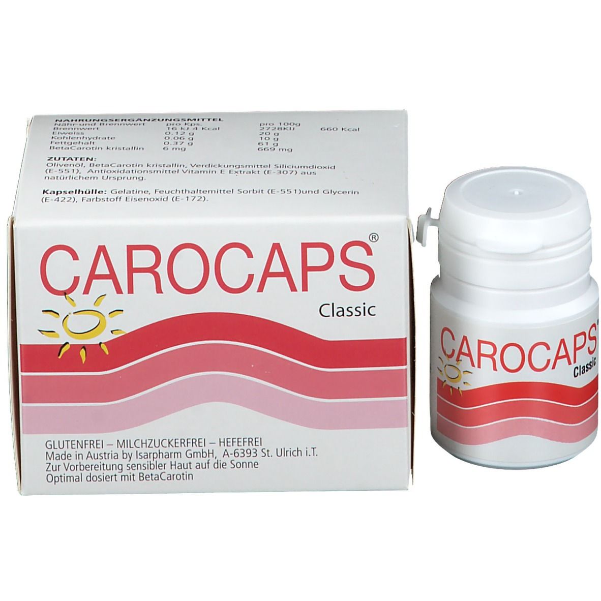 CAROCAPS Classic-Packung und Flasche. Weißer Karton und Flasche mit roter Wellenlinie und gelber Sonne.