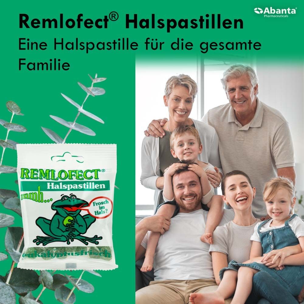 Famille avec un paquet de pastilles pour la gorge REMLOFECT. Texte : REMLOFECT Halspastillen. Une pastille pour toute la famille.