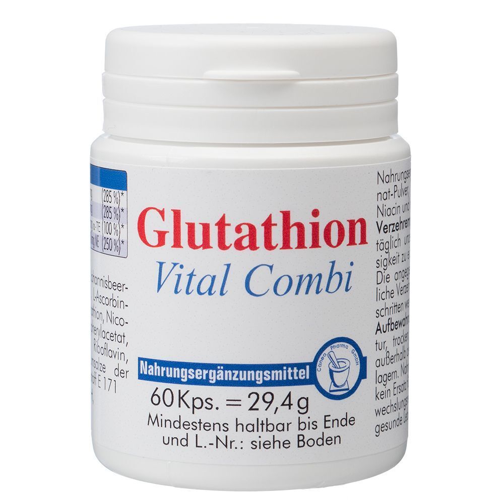 Weißes Pillendose mit roter Aufschrift 'Glutathion Vital Combi'. Enthält 60 Kapseln. Aufdruck 'Nahrungsergänzungsmittel'.