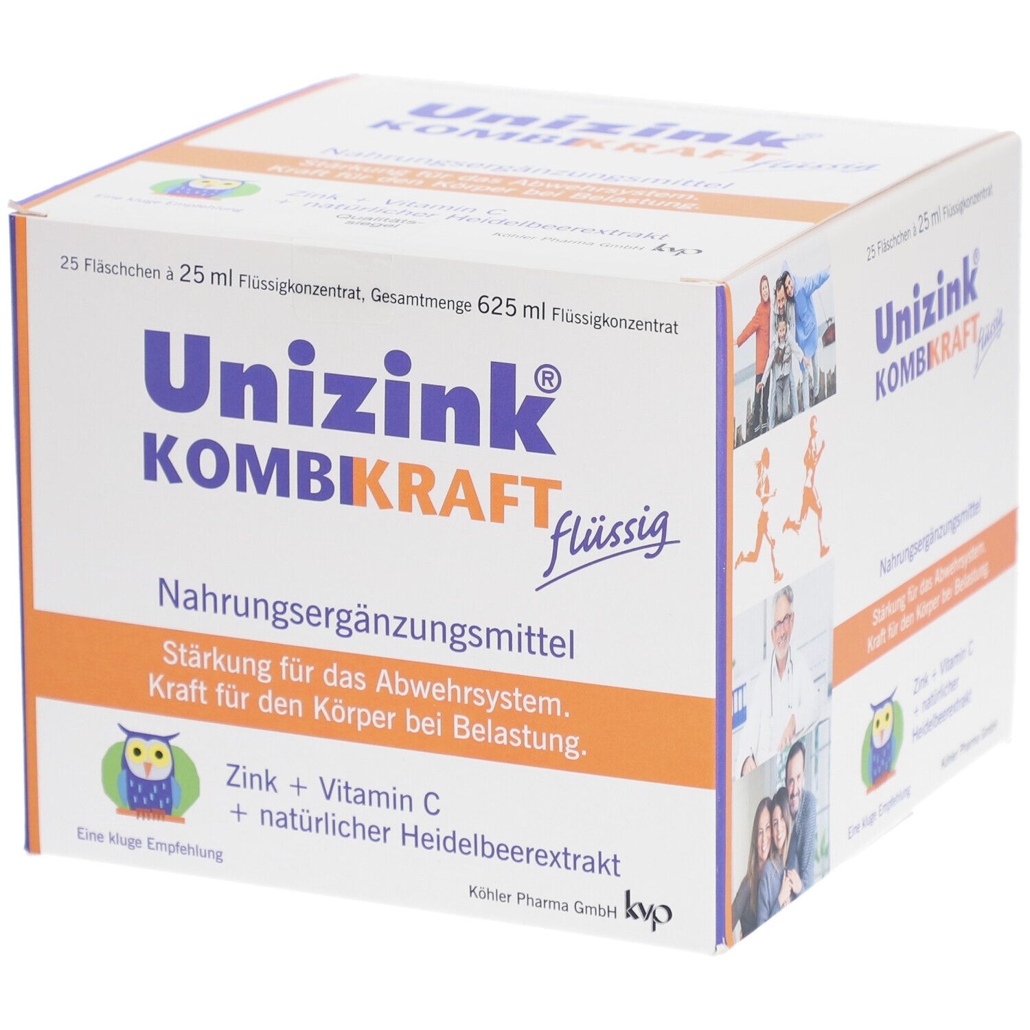 Boîte de Unizink® KOMBIKRAFT liquide. 25 flacons. Inscription : Zinc + Vitamine C + extrait de myrtille. Personnes en arrière-plan.