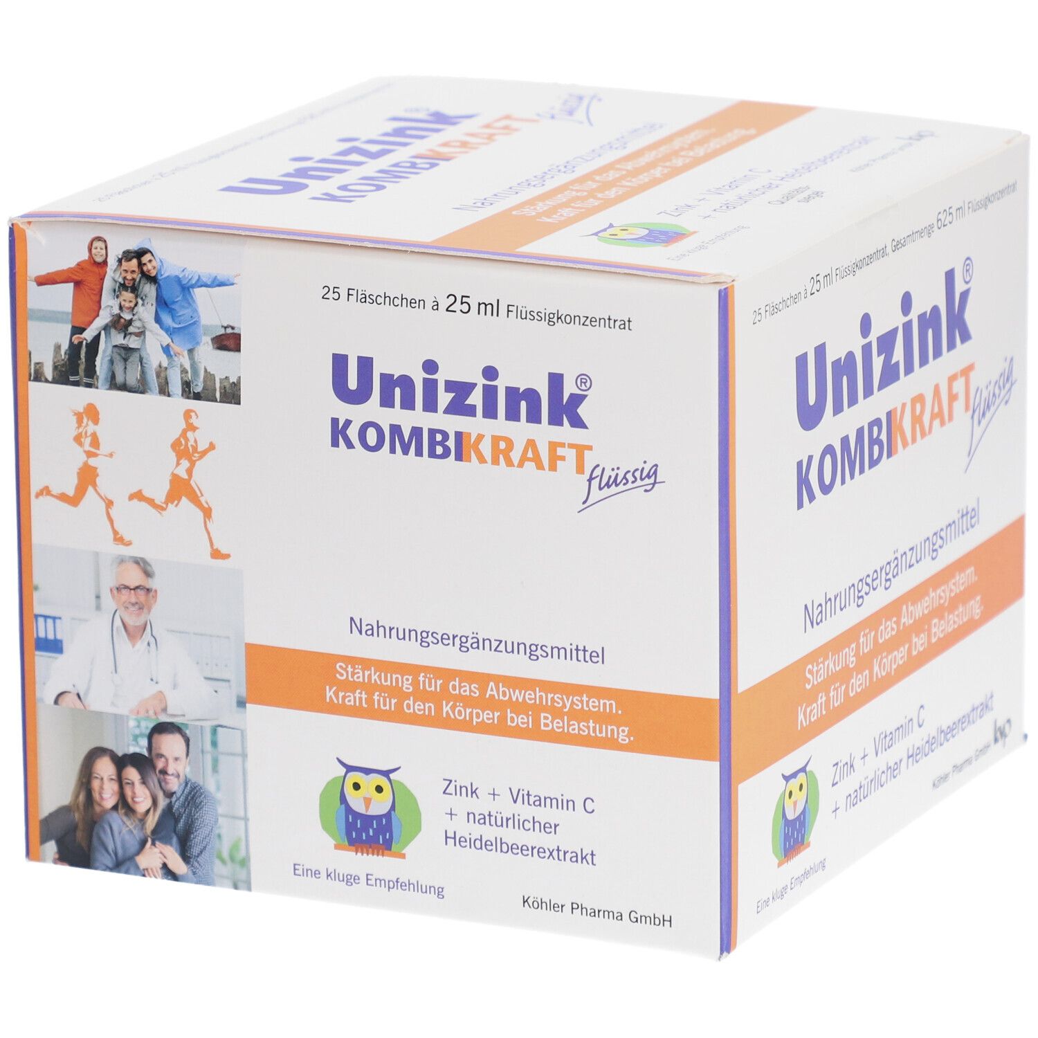 Boîte de Unizink® KOMBIKRAFT liquide. 25 flacons. Inscription : Zinc + Vitamine C + extrait de myrtille. Personnes en arrière-plan.