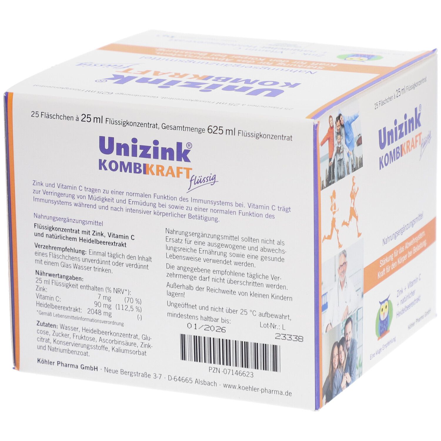 Boîte de Unizink® KOMBIKRAFT liquide. 25 flacons. Inscription : Zinc + Vitamine C + extrait de myrtille. Dos avec informations.