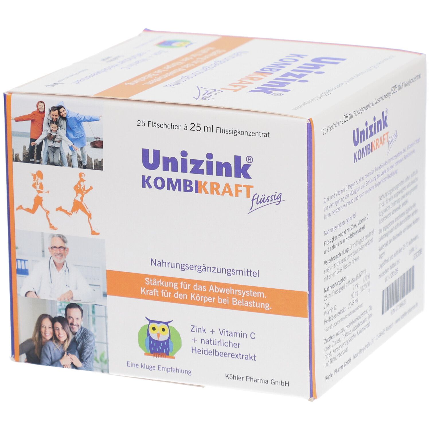 Boîte de Unizink® KOMBIKRAFT liquide. 25 flacons. Inscription : Zinc + Vitamine C + extrait de myrtille. Personnes en arrière-plan.