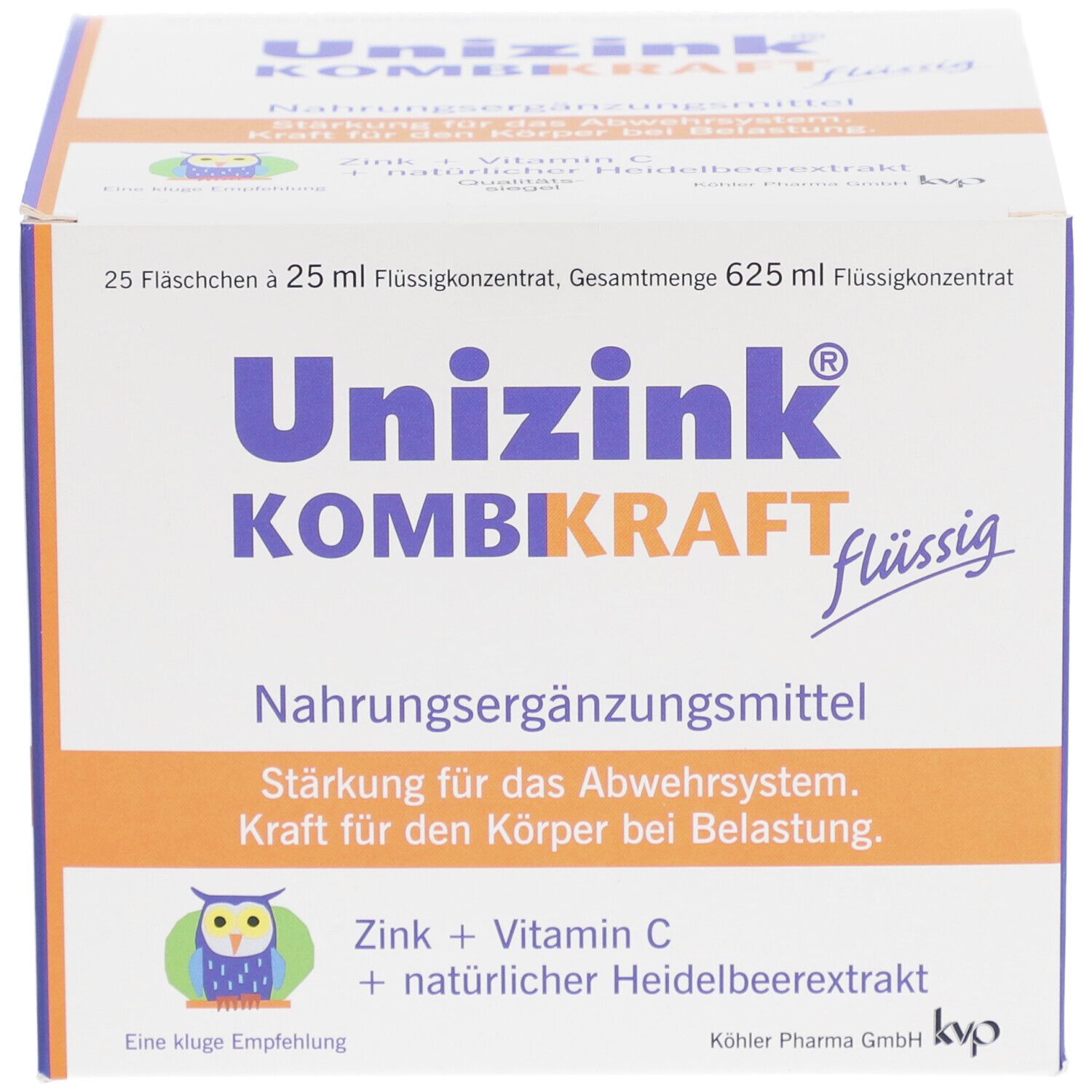 Boîte de Unizink® KOMBIKRAFT liquide. 25 flacons. Inscription : Zinc + Vitamine C + extrait de myrtille.