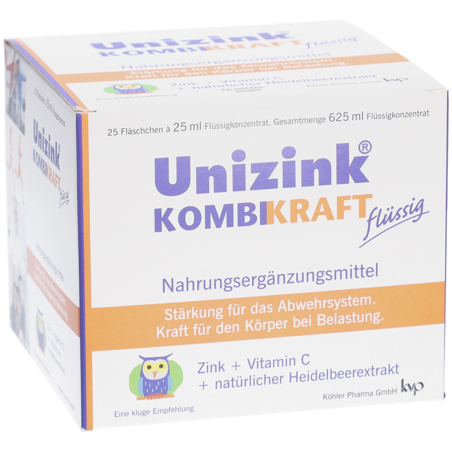 Boîte de Unizink® KOMBIKRAFT liquide. 25 flacons. Inscription : Zinc + Vitamine C + extrait de myrtille.