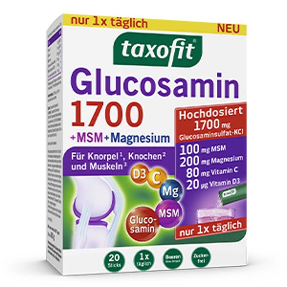 Boîte taxofit Glucosamine 1700. Contient 20 sticks. Inscription : +MSM+Magnésium, 1700 mg Glucosamine.